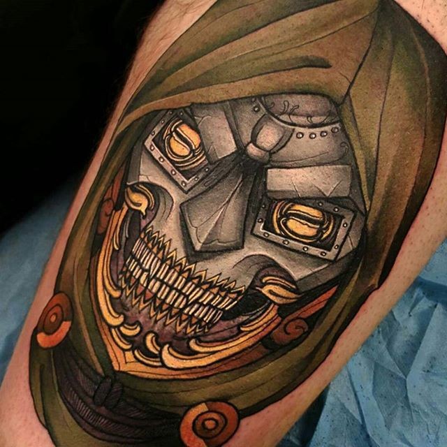 New school style colored tattoo of iron skeleton in hood