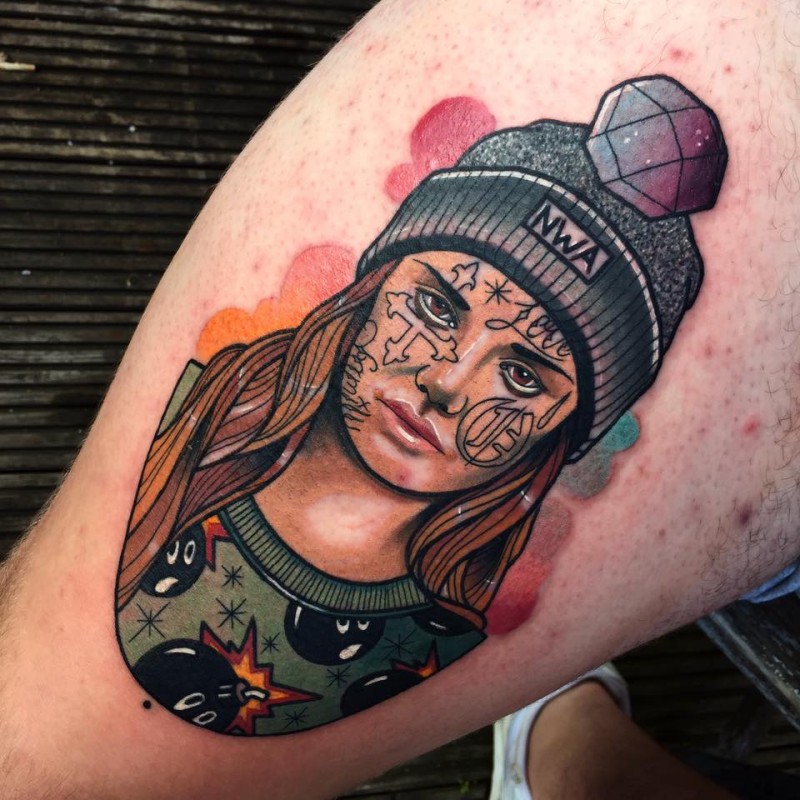 New school style colored tattoo of modern woman with hat