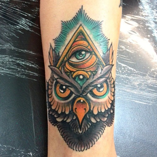 New school style colored tattoo of mystical owl with pyramid and eye