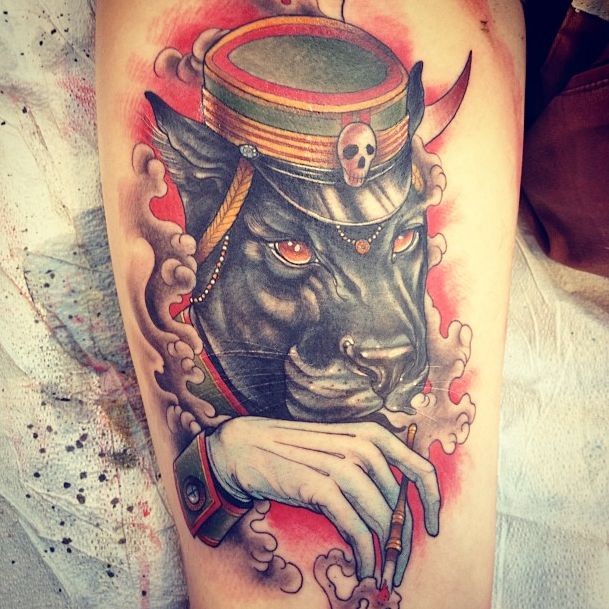 New school style colored tattoo of mystical black panther with hat