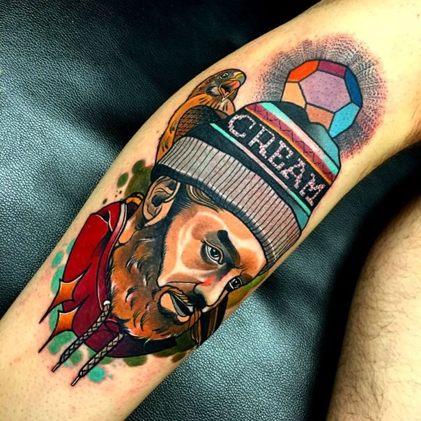 New school style colored tattoo of old man with hat and bird