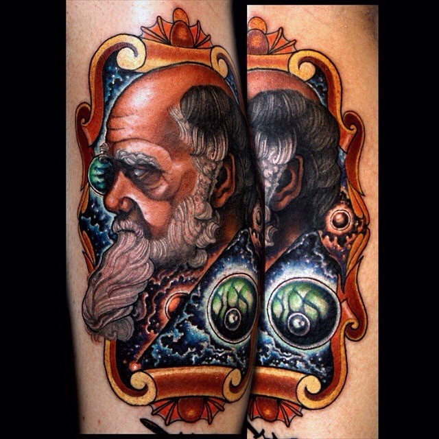 New school style colored tattoo of old man with beard portrait