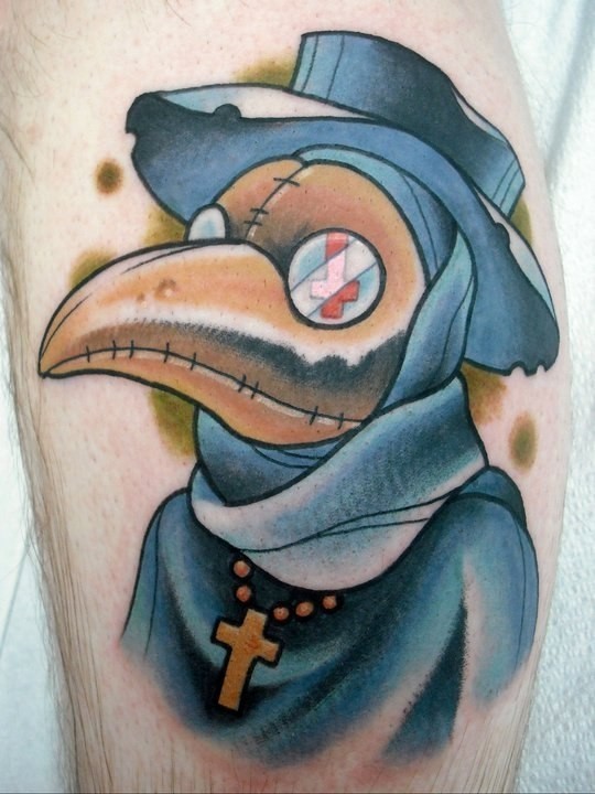 New school style colored tattoo of plagued doctor with wooden cross