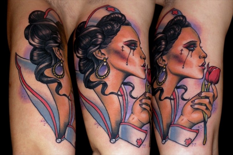 New school style colored tattoo of sexy woman nurse with rose