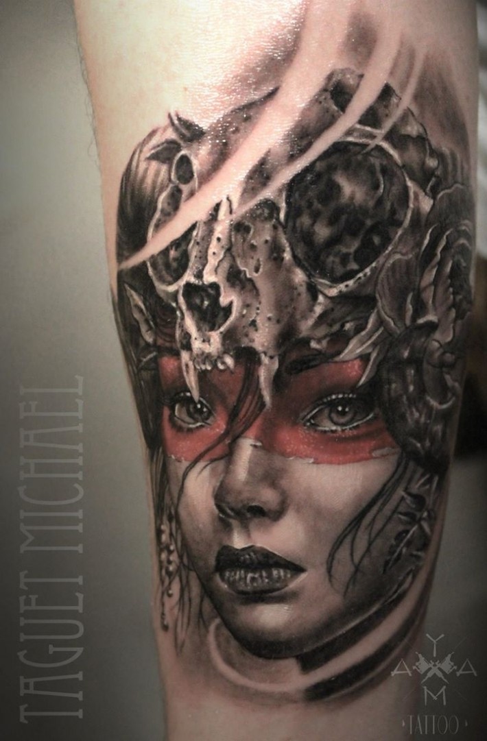 New school style colored tattoo of tribal woman with animal skull and flower