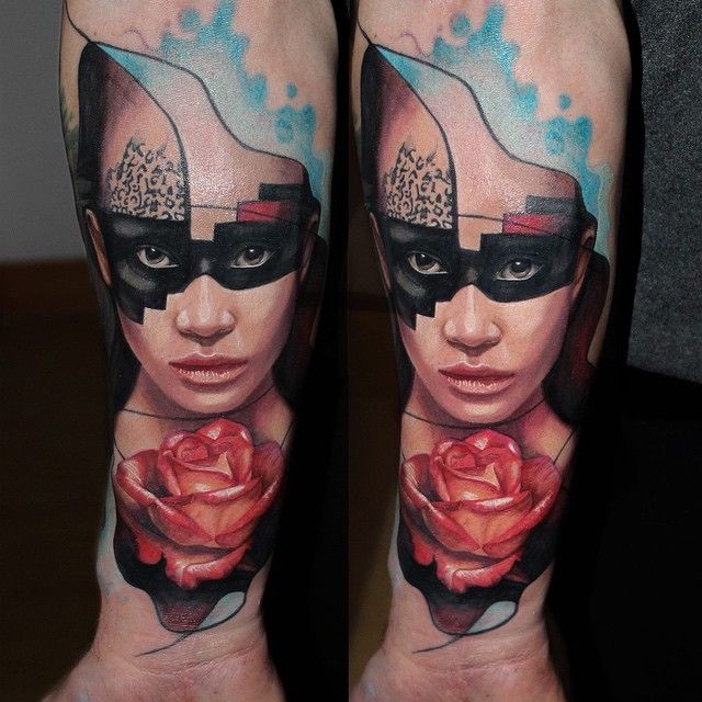 New school style colored tattoo of woman face with rose