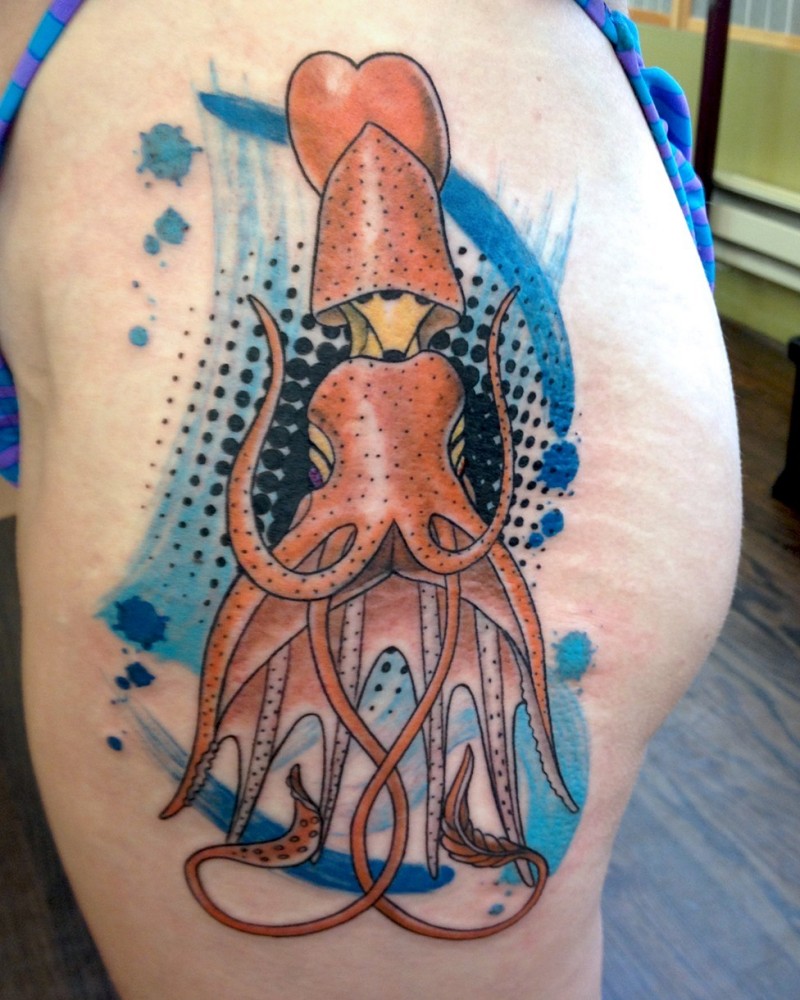 New school style colored thigh tattoo of squid