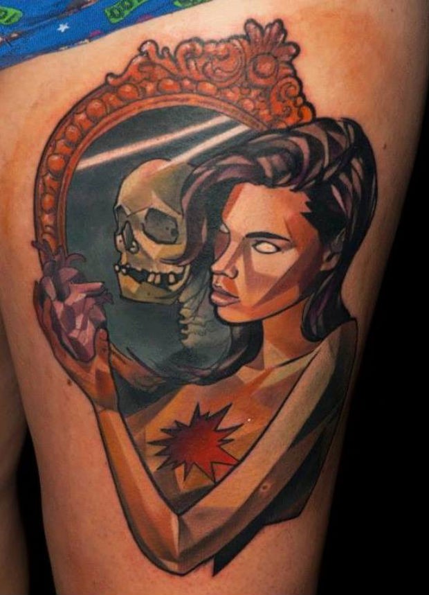 New school style colored thigh tattoo of woman with mirror and skeleton