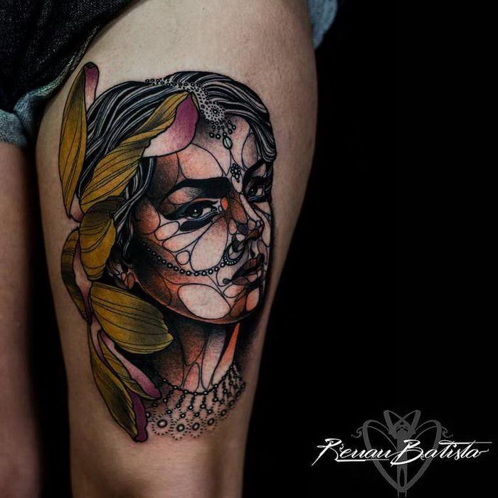 New school style colored thigh tattoo of woman portrait