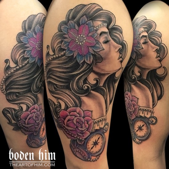 New school style colored thigh tattoo of woman portrait with flowers and clock