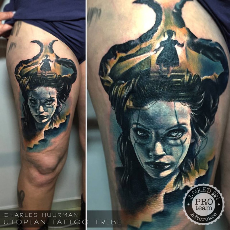 New school style colored thigh tattoo of evil witch