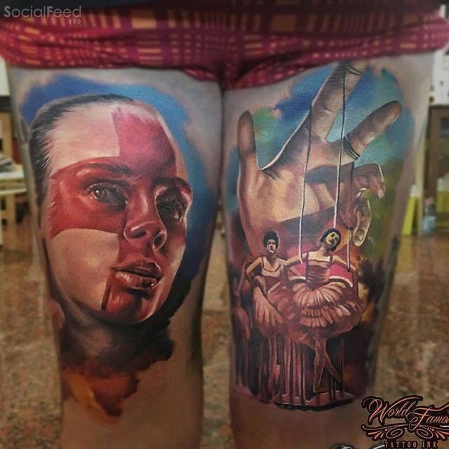 New school style colored thigh tattoo of creepy woman with dolls