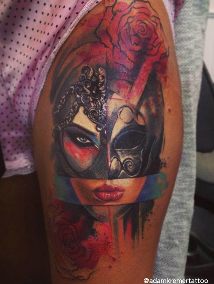 New school style colored thigh tattoo of woman with helmet and rose