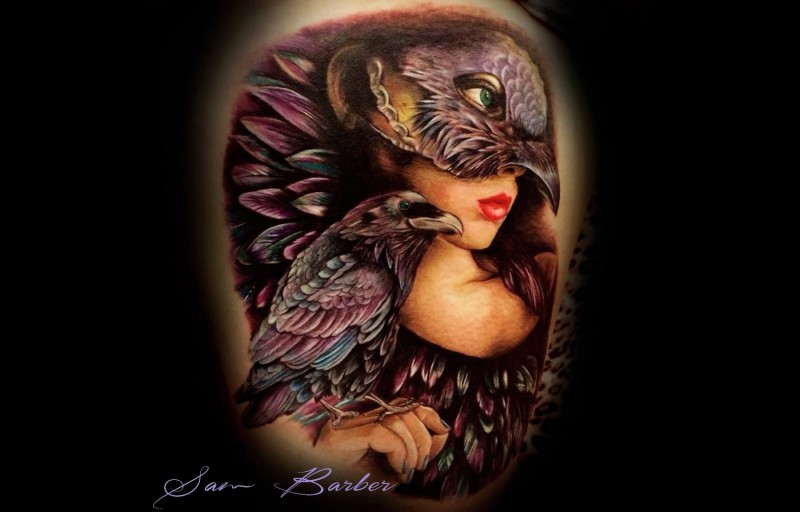 New school style colored thigh tattoo of woman with bird mask and crow