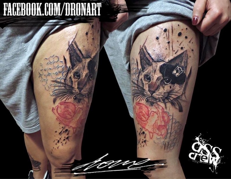 New school style colored thigh tattoo of cat face with ornaments