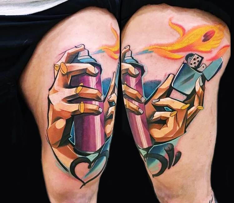 New school style colored thigh tattoo of spray paint with lighter