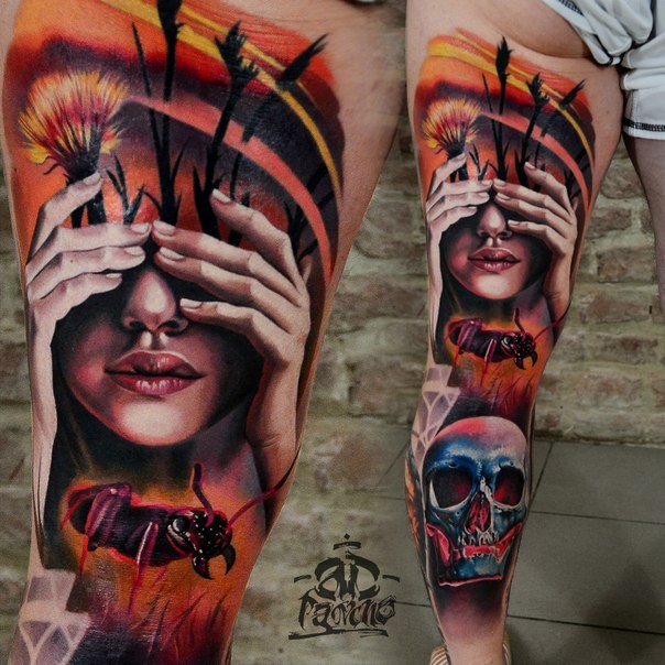 New school style colored thigh tattoo of woman face combined with flowers, ant and human skull