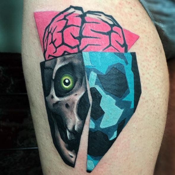 New school style colored thigh tattoo of interesting picture stylized with skull