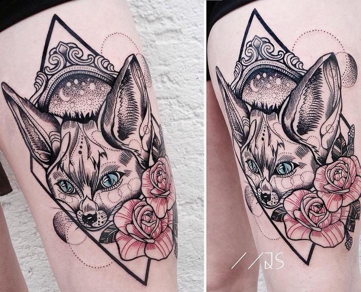 New school style colored thigh tattoo of cute wild fox with rose