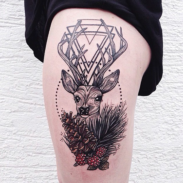 New school style colored thigh tattoo of deer combined with berries and triangles