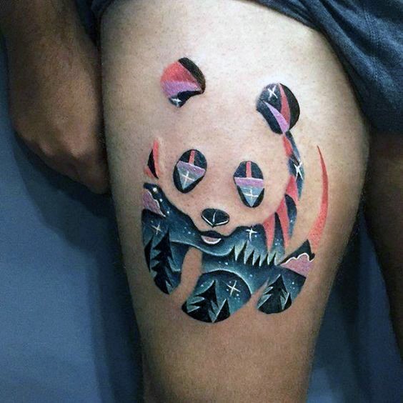 New school style colored thigh tattoo of panda bear stylized with night sky and forest