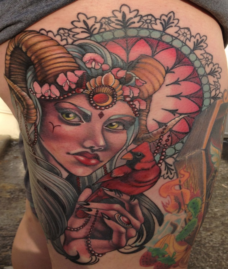 New school style colored thigh tattoo of demonic woman with little bird and flower