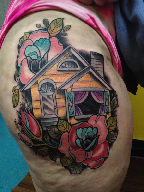 New school style colored thigh tattoo of old house with rose