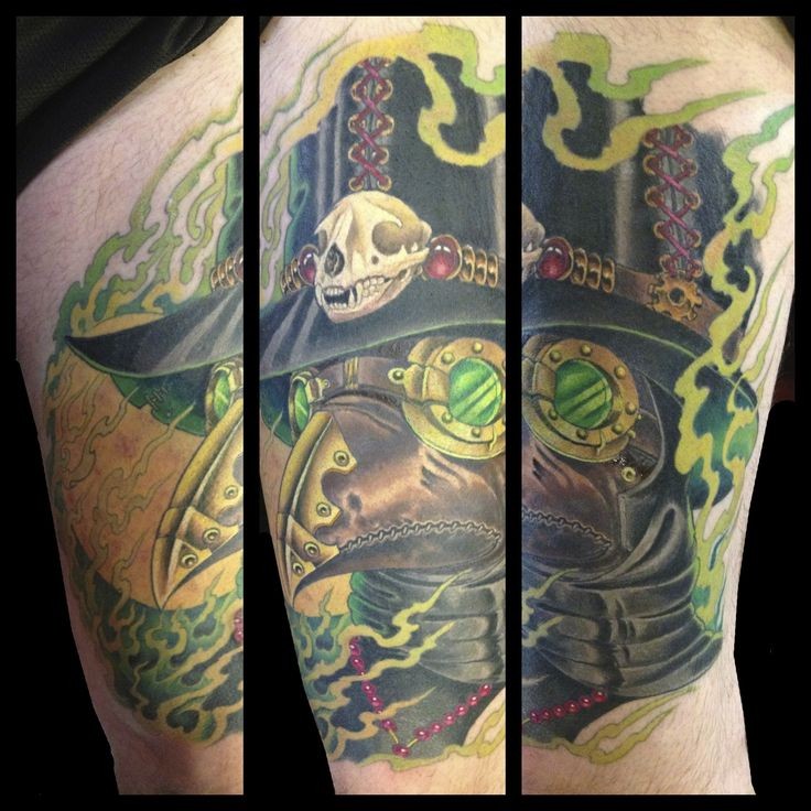 New school style colored thigh tattoo of plague doctor with cool looking hat
