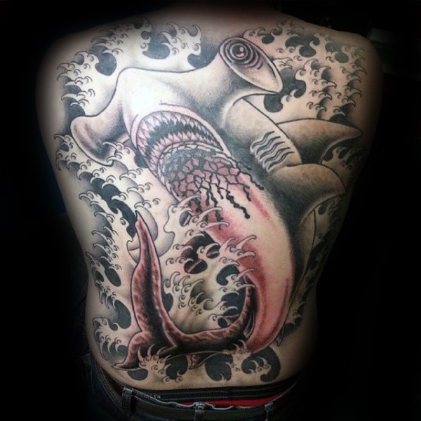 New school style colored whole back tattoo of bloody shark