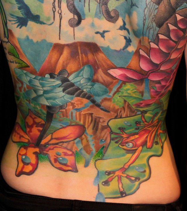 New school style colored whole back tattoo of jungle with flowers and frog