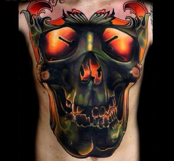 New school style colored whole back tattoo of human skull