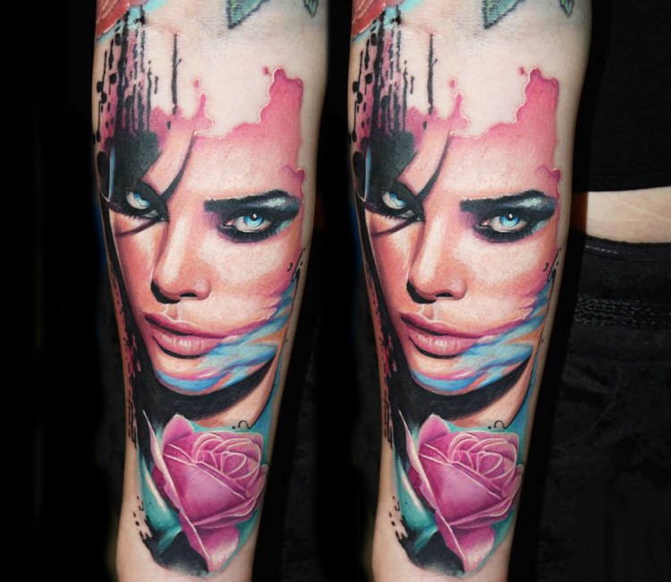 New school style colored woman portrait tattoo on forearm with pink rose