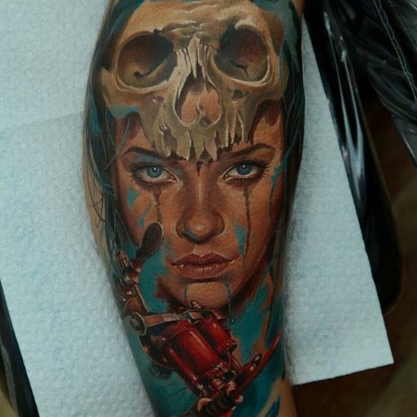 New school style colored woman with human skull tattoo