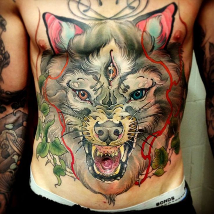 New school style colorful belly and belly tattoo of demonic wolf and flowers