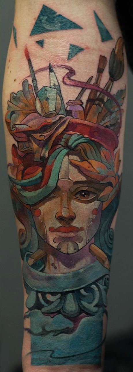 New school style colorful forearm tattoo of woman with various brushes