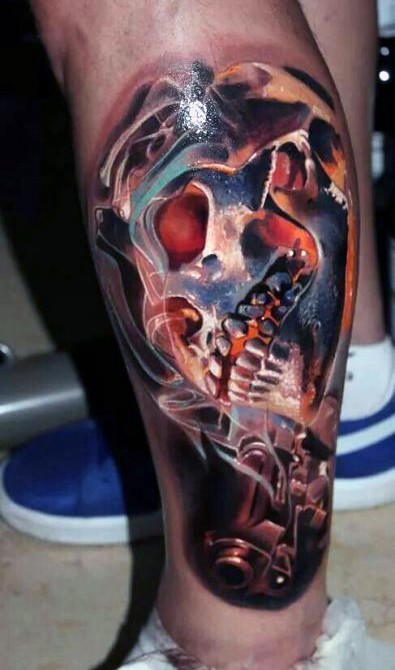 new school style colorful leg tattoo of skull with pistol