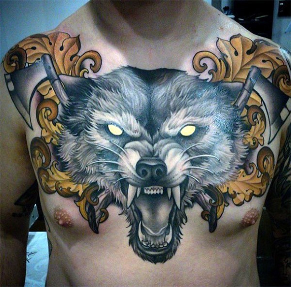 New school style colorful whole chest tattoo of creepy wolf and axes