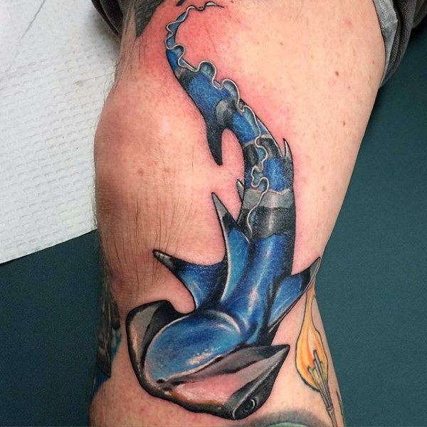New school style detailed interesting colored arm tattoo of hammerhead shark