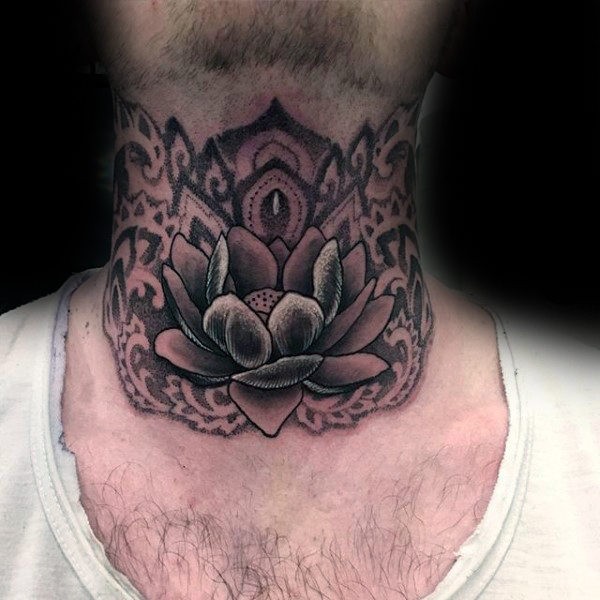 Novo estilo da escola detalhada tatuagem de flor de lótus na garganta