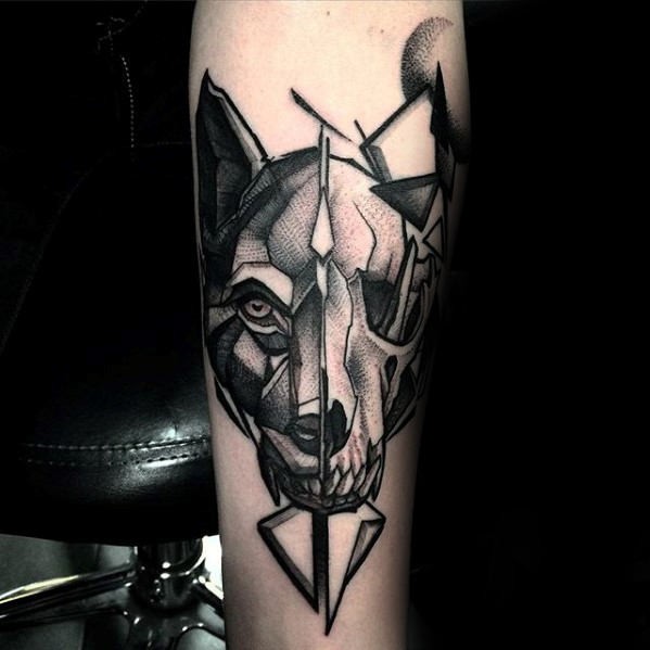 New school style detailed tattoo of animal skull combined with wolf head