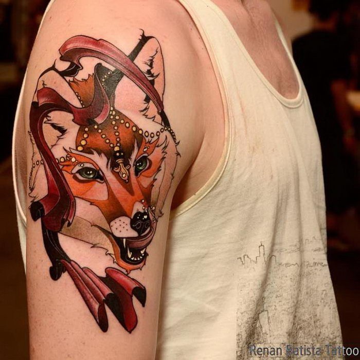 New school style illustrative style colored shoulder tattoo of mystical fox