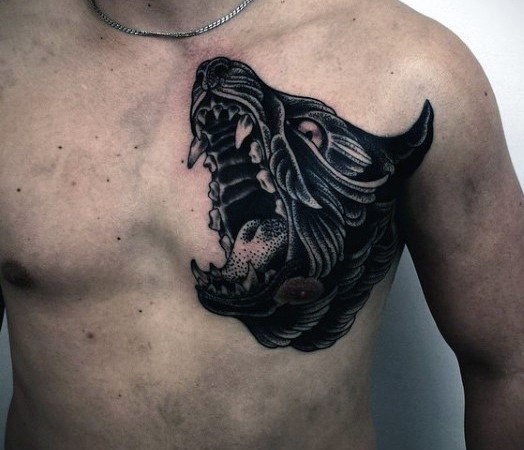 Neue Schule Stil illustratives Wolf Tattoo an der Brust