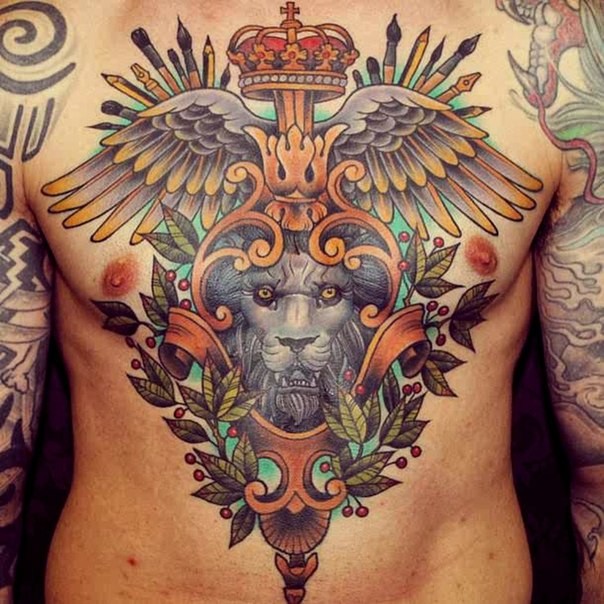 New school style large colored chest tattoo of lion with crown and wings