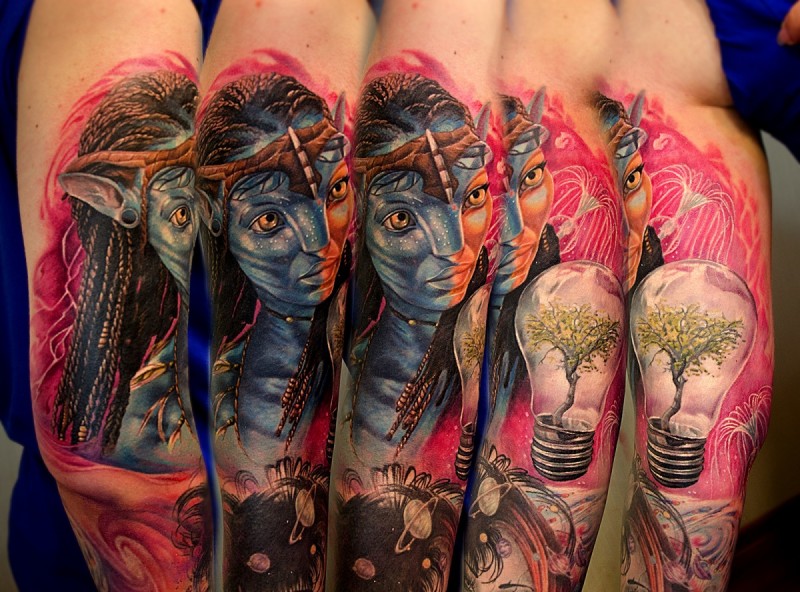 Neue Schule Stil großes buntes Ärmel tattoo von Frau Held Avatar  mit Birne