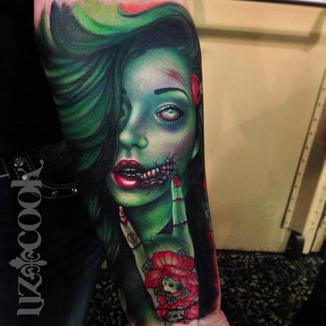 New school style shoulder tattoo of zombie woman with flowers