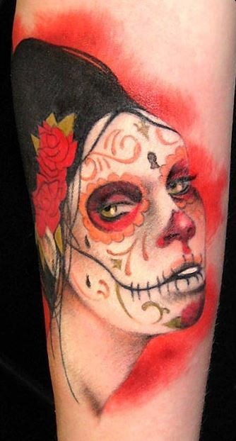 New style black red day of the dead girl tattoo