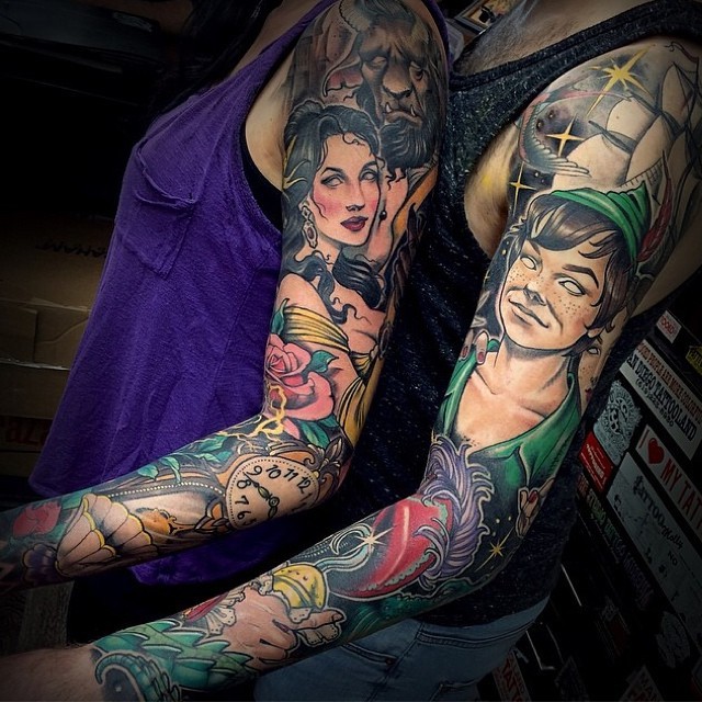 New style colored sleeve tattoo of Peter Pan heroes