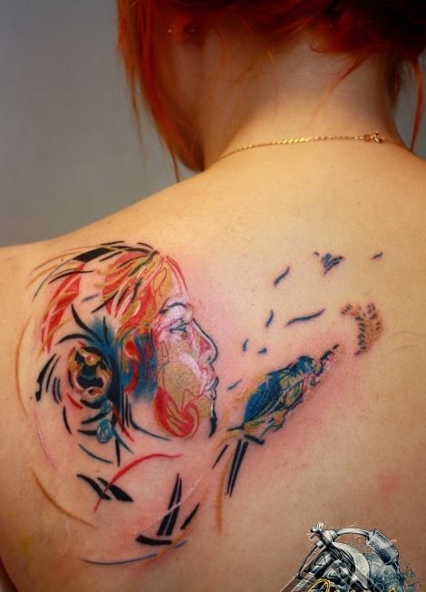 New style face woman tattoo on upper back