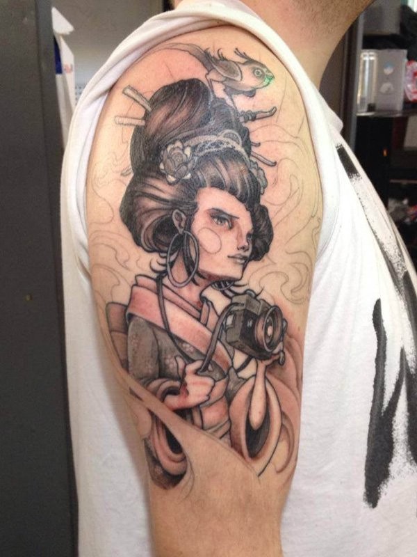 New style geisha with camera tattoo on half sleeve