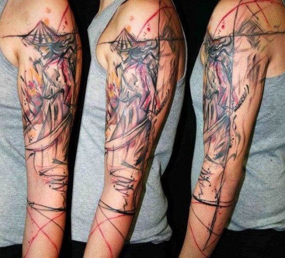 New style japanese samurai tattoo on full arm by Petra Hlavackova